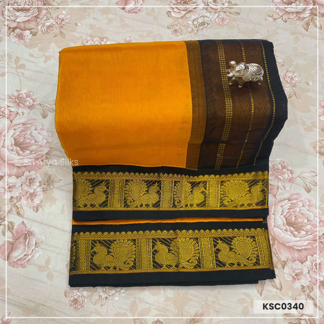 Mango Yellow & Black Korvai Pure Kanchipuram Silk Cotton Saree.