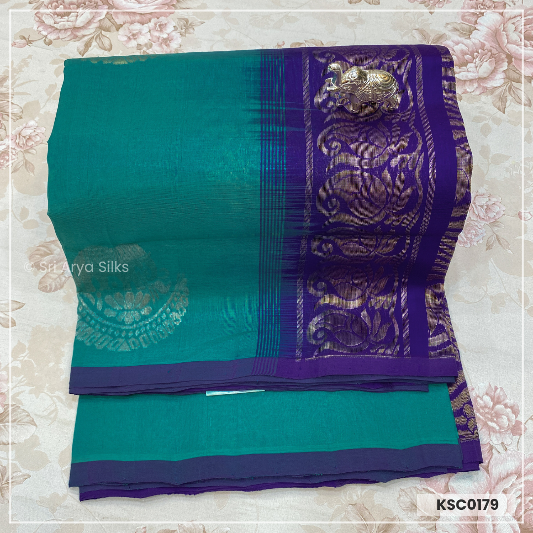 Turquoise & Blue Kanchipuram Silk Cotton Saree