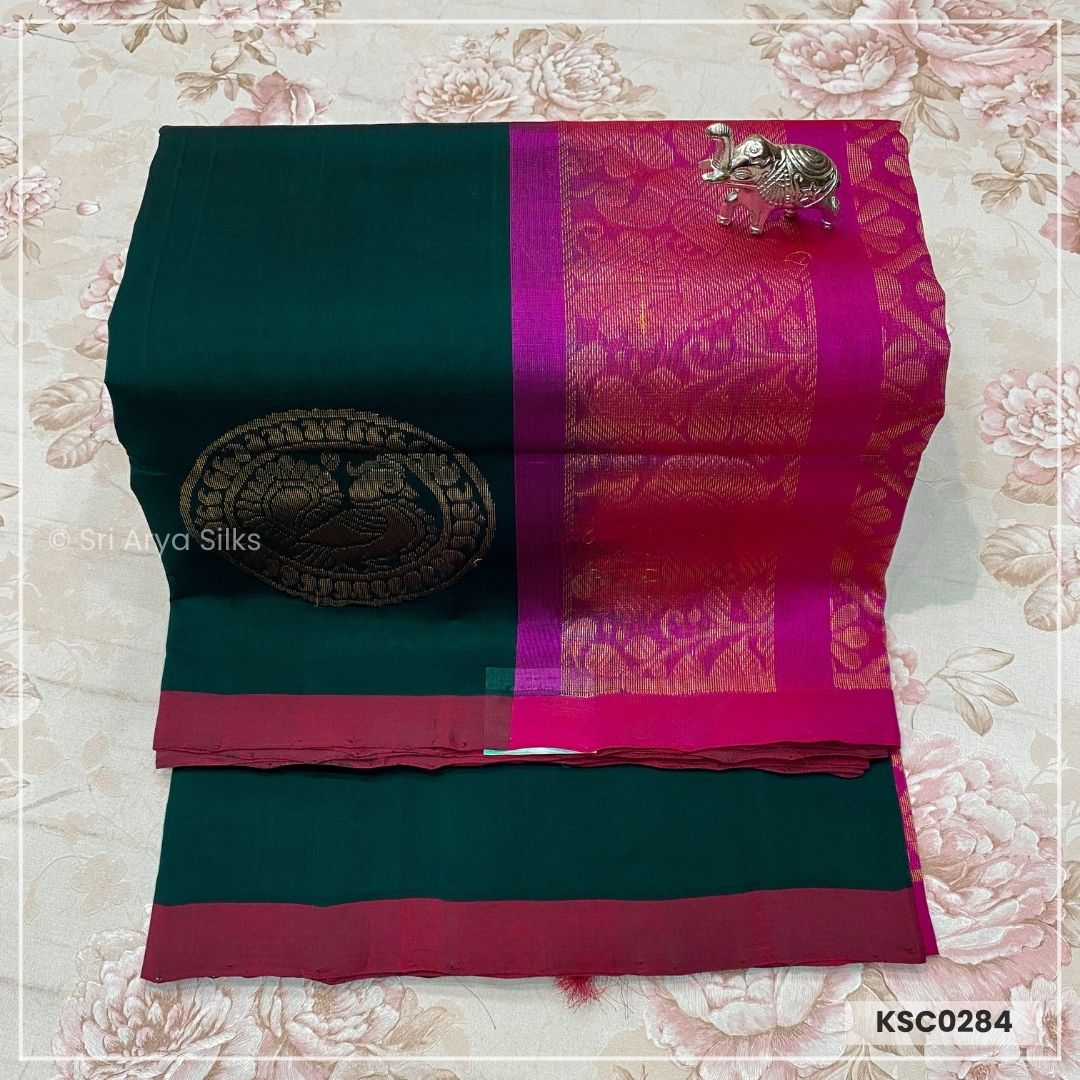 Bottle Green & Pink Kanchipuram Silk Cotton Saree