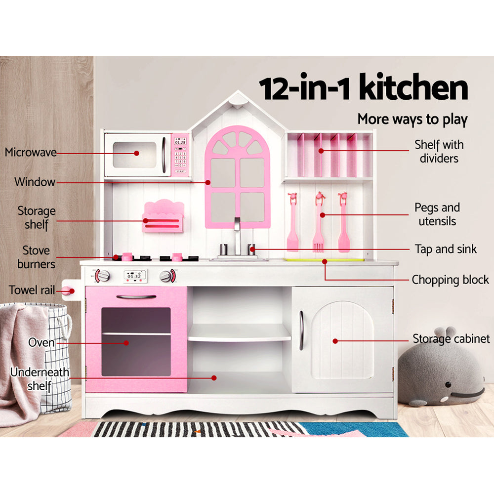 wooden pink and white kitchen set