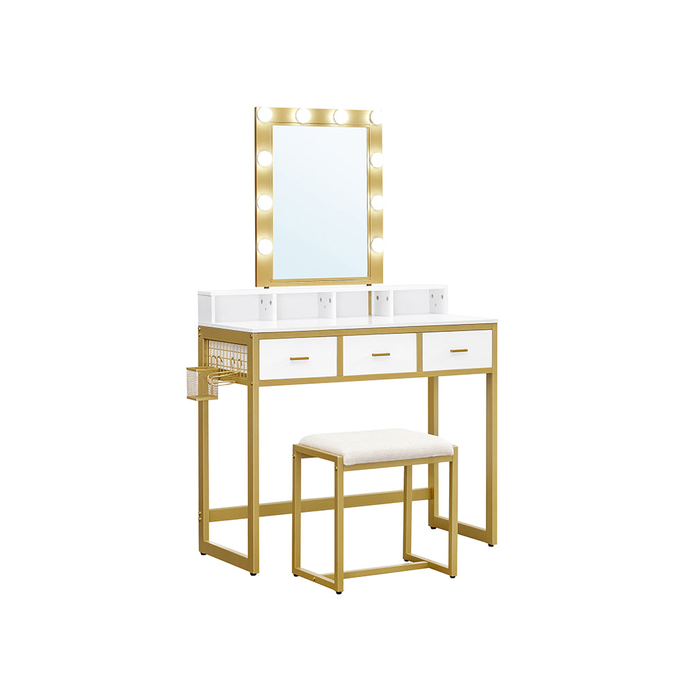 kloon Zuidoost Gebakjes Kaptafel Set - Make up tafel - Wit - Gouden Details - Inclusief Spiegel -  10 Gloeilampen - Kruk - 90x40x145,5 cm | Woonwerkinterieur