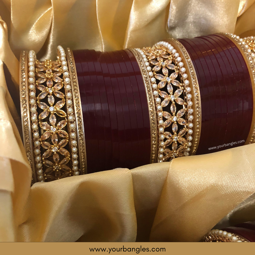 Traditional Maroon American Diamond (AD) Bridal Choora / Bangles Set