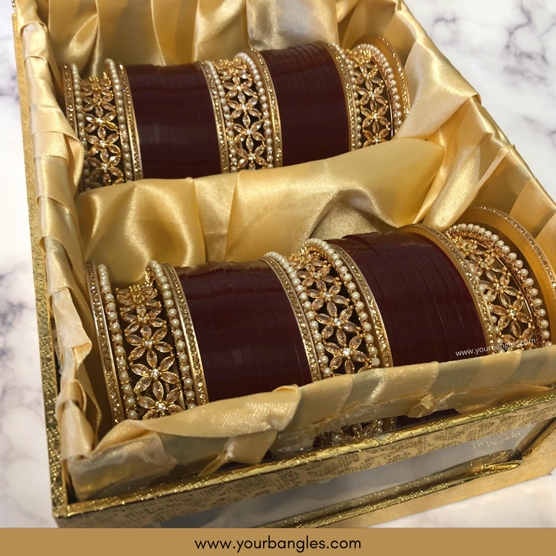 Traditional Maroon American Diamond (AD) Bridal Choora / Bangles Set