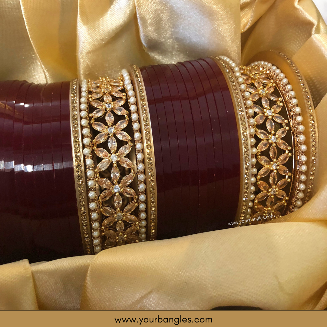 Traditional Maroon American Diamond (AD) Bridal Choora / Bangles Set