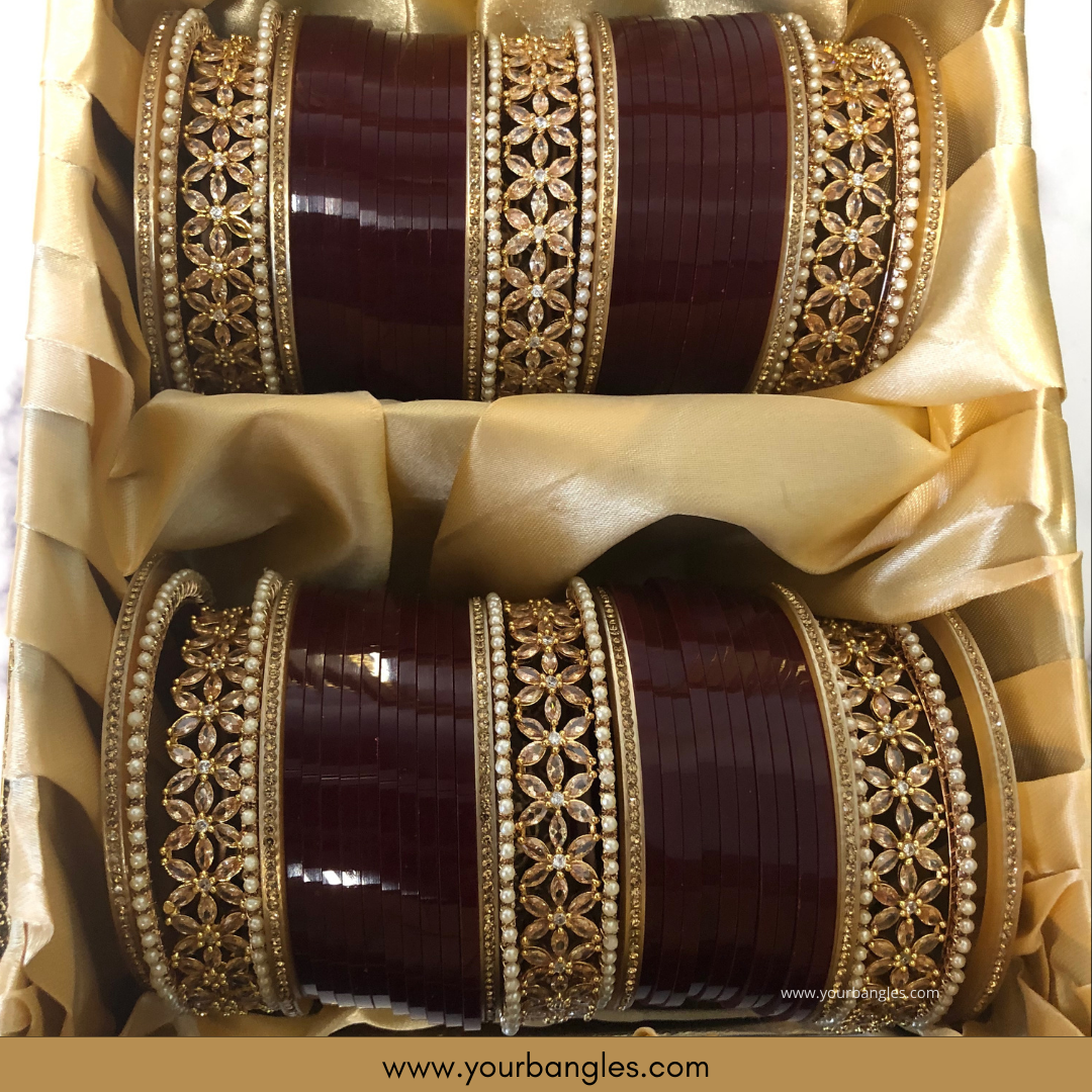 Traditional Maroon American Diamond (AD) Bridal Choora / Bangles Set