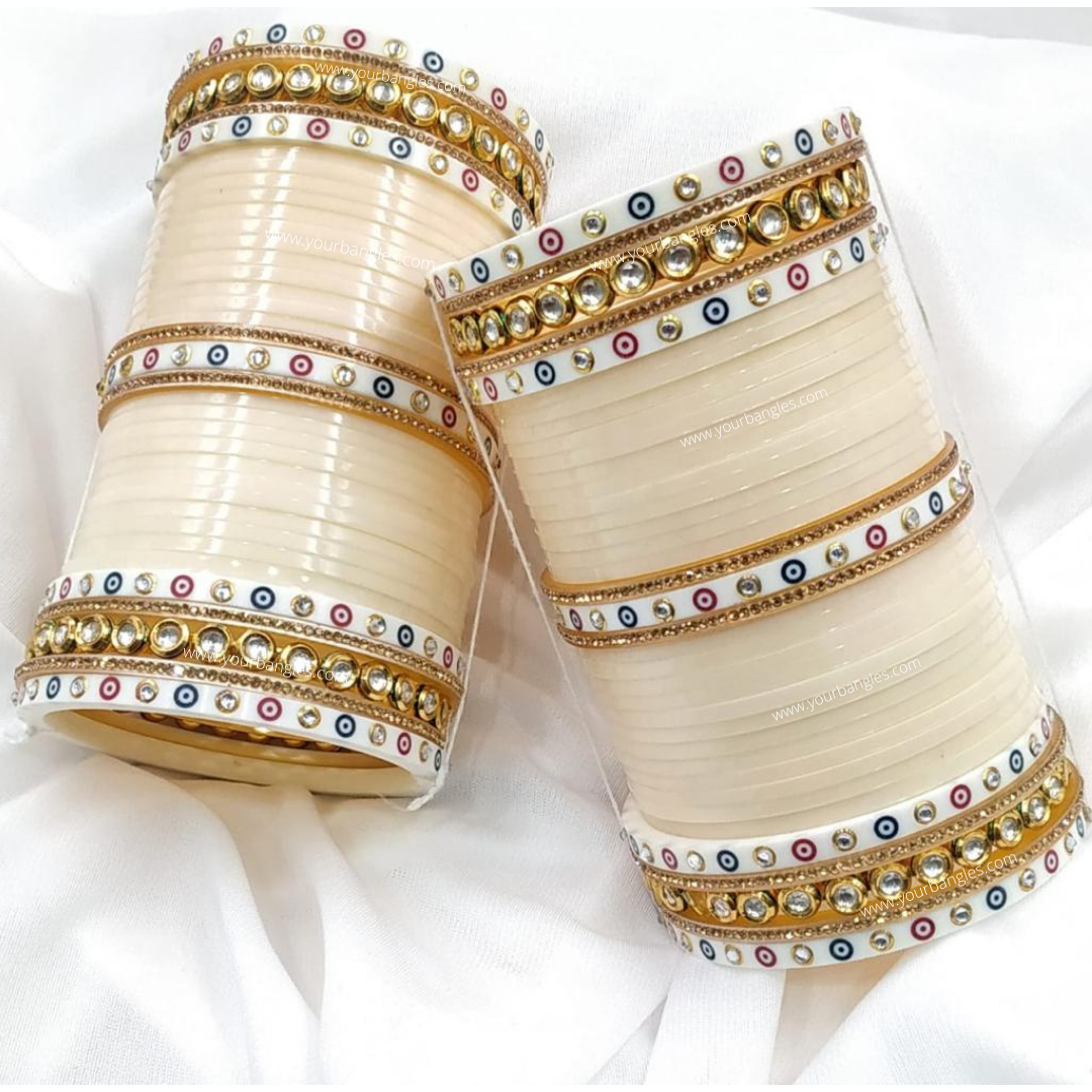 Ivory Dotted Traditional Kundan Bridal Chura | Your Bangles Exclusive