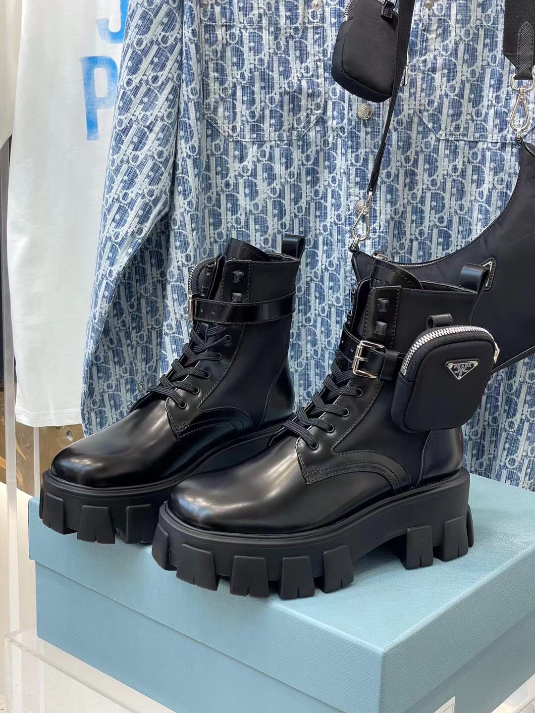 prada brushed rois leather and nylon monolith boots