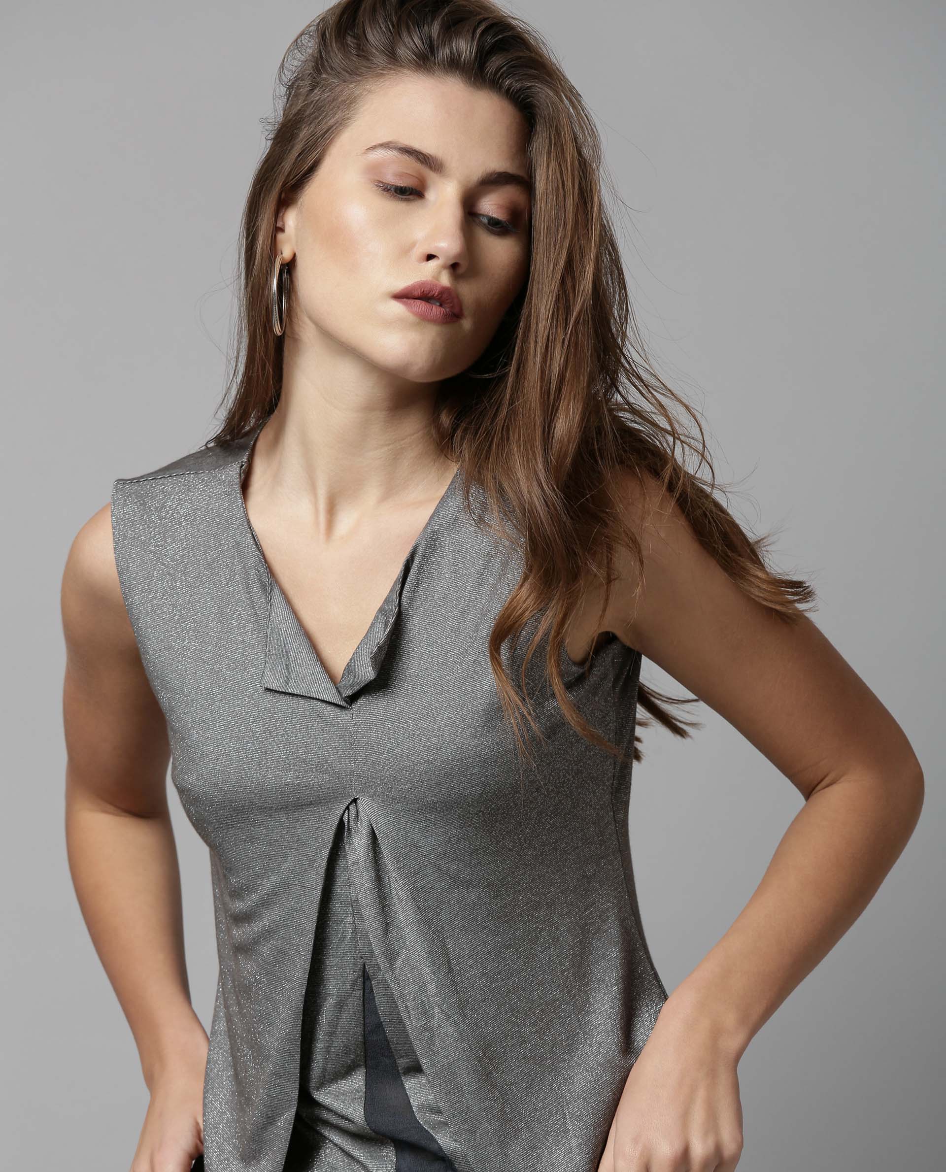 COMET- PLAIN KNIT LUREX WOMEN'S TOP - GREY