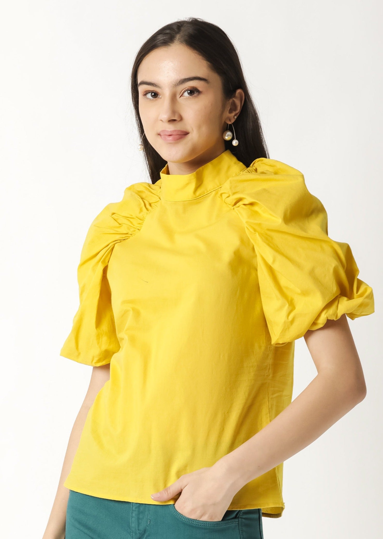 BOBBY- COTTON PUFFED SLEEVE HIGH COLLAR WOMEN'S TOP - YELLOW