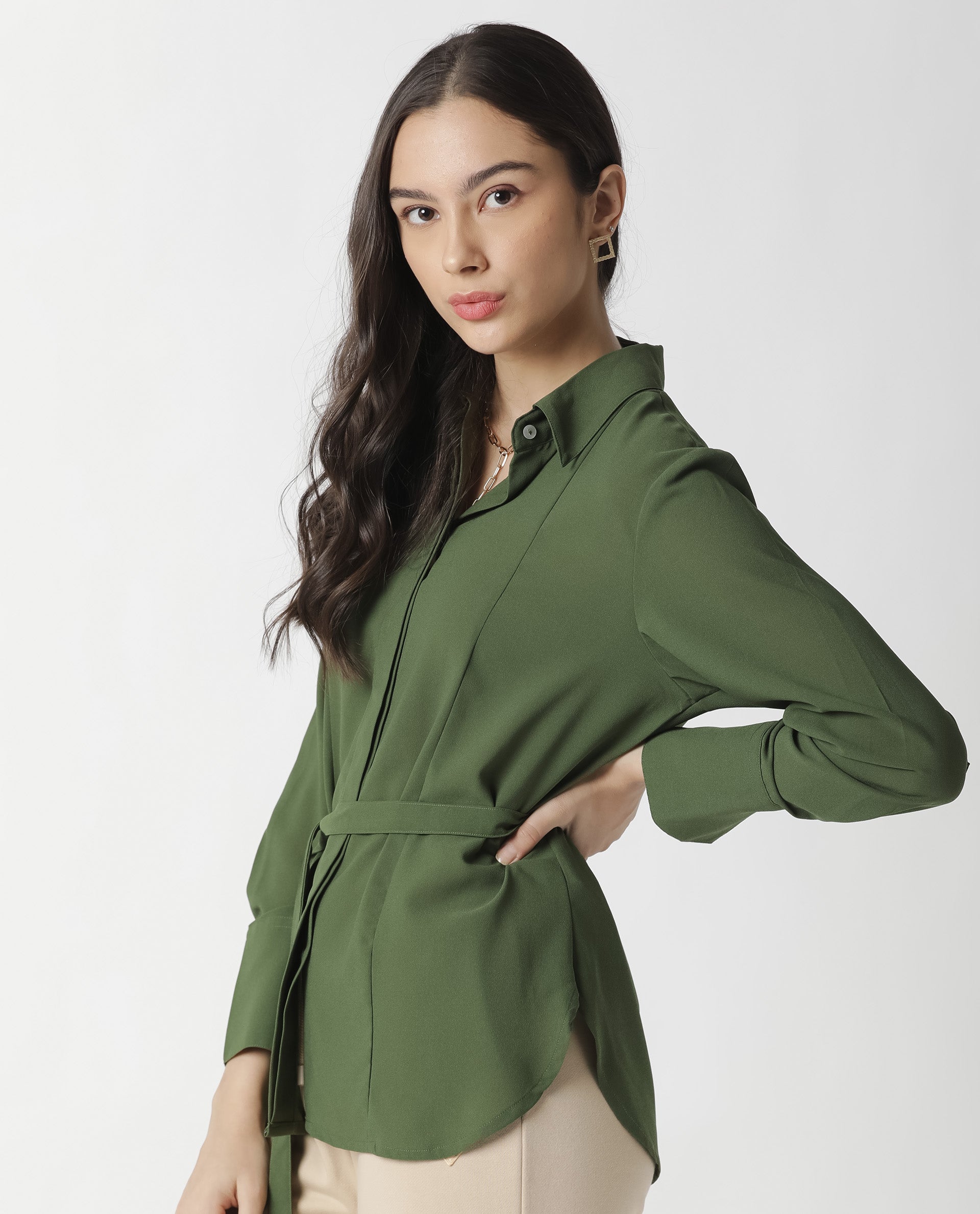 MOULD- PLAIN ATTACHED BELT WOMEN'S TOP - GREEN
