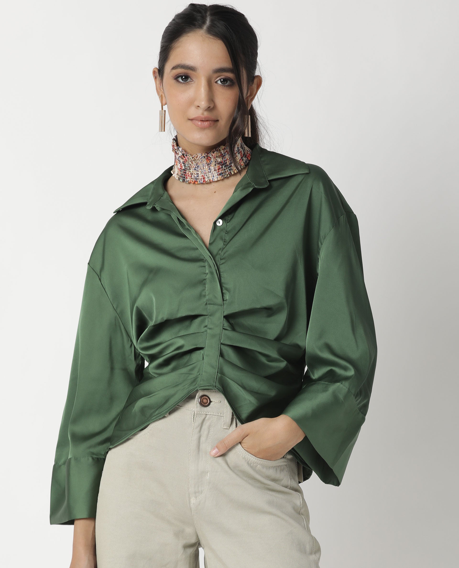 ZOMAT- SATIN THREE FOURTH SLEEVE WOMEN'S PLAIN TOP - GREEN