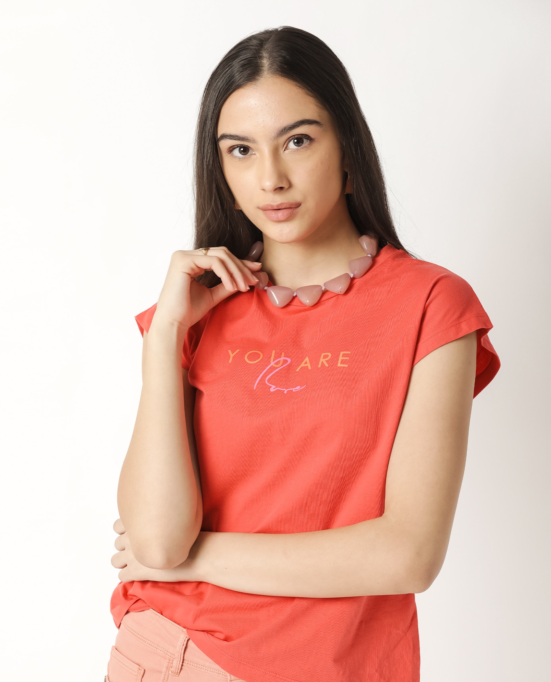 CAPRICO- GRAPHIC PRINTED WOMEN'S CREW NECK T-SHIRT - CORAL