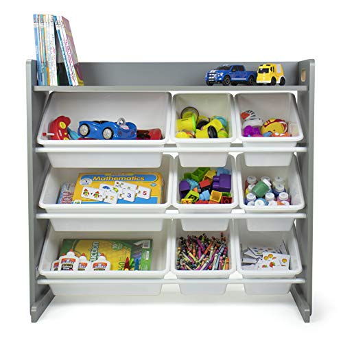 grey toy organizer with shelf