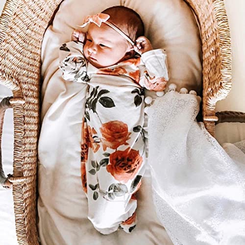 Newborn Baby Gown Long Sleeve Sleep Sack Floral Sleepwear Romper 2pc Coming Home Outfit for Baby Girl 3-6Months