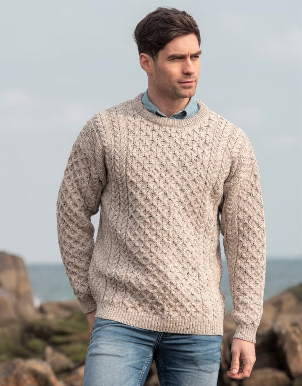 Traditional Men S Aran Sweater Super Soft Oatmeal Quills Woollen Market