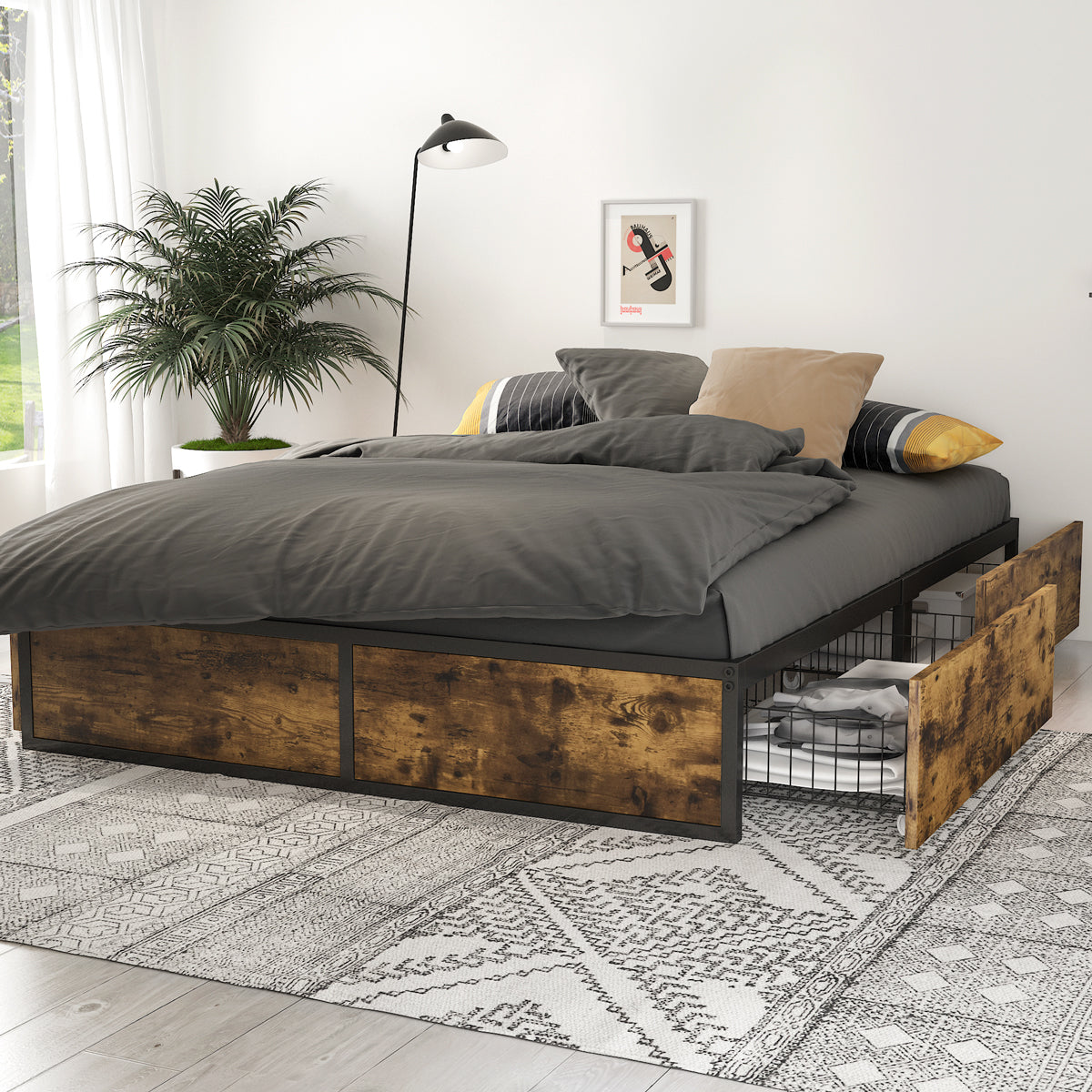 demonstratie Vooravond Verfrissend Metal Bed Frame with 4 Sliding XL Storage Drawers, Platform Bed with S