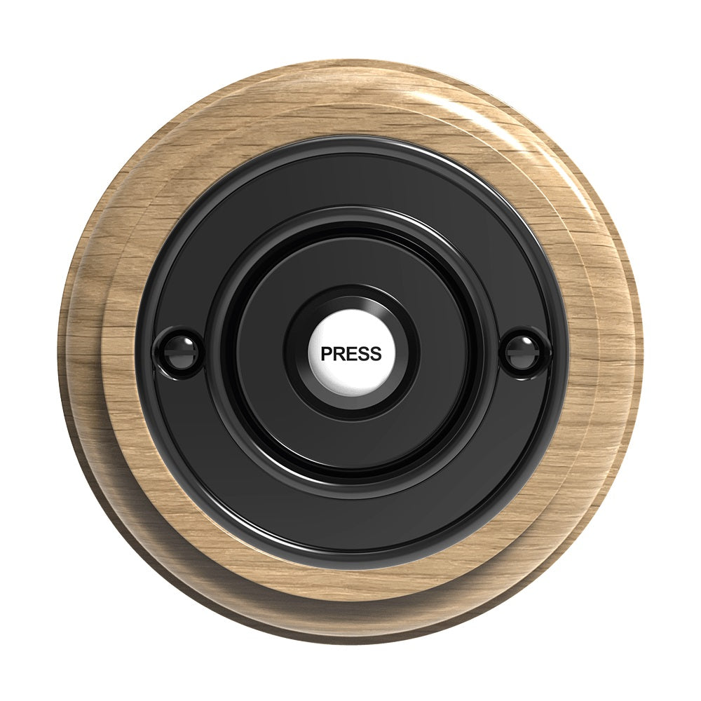 Traditional Round Wireless Doorbell in Natural Unvarnished Oak and Brass 