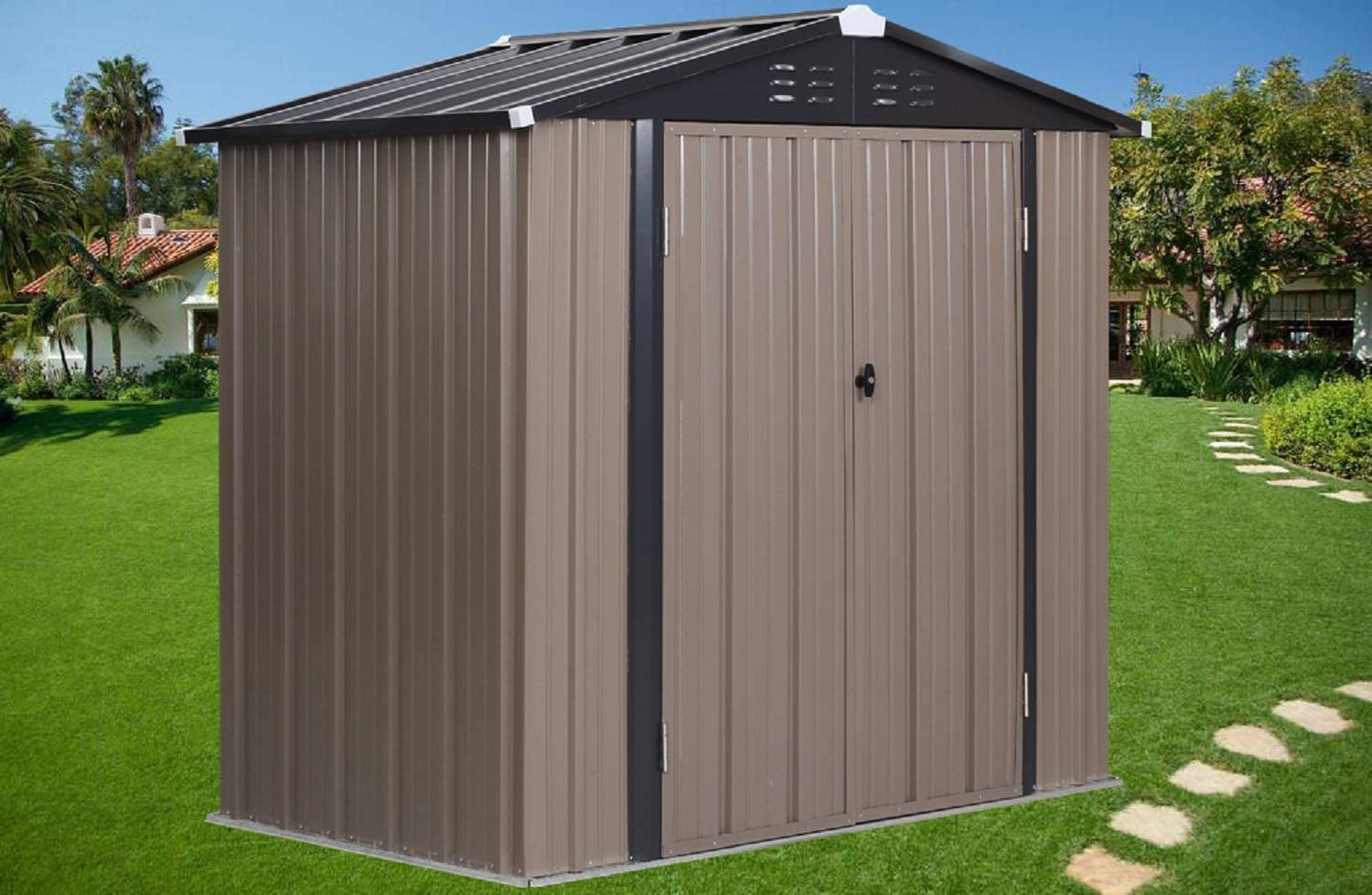 6'x4'x6' Outdoor Metal Garden Storage Shed Tool House with 2 Doors & Lock 