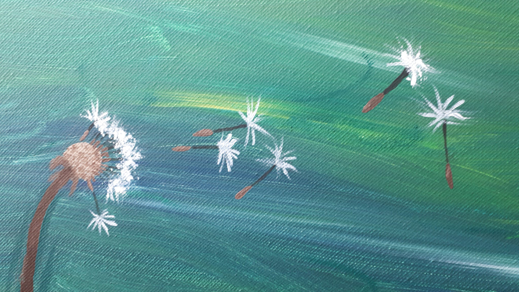 Original painting ‘Dandelion 3’ by Amanda Shuman On a sea of blue/green, dandelion seeds blow in the wind, separated from the stem that still holds half a head of fluff covered potential.