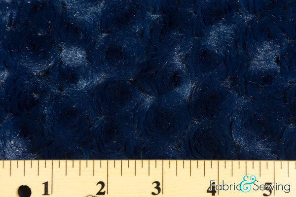 Navy Minky Swirl Rose Blossom Ball Rosebud Plush Fur Fabric Polyester 16 oz 58-60
