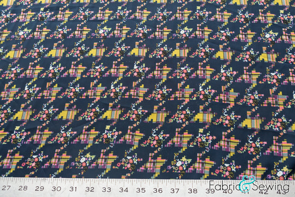 Navy Geometric Plaid Small Flower Print Sheer High Multi Chiffon Fabric Polyester 2 Oz 58-60
