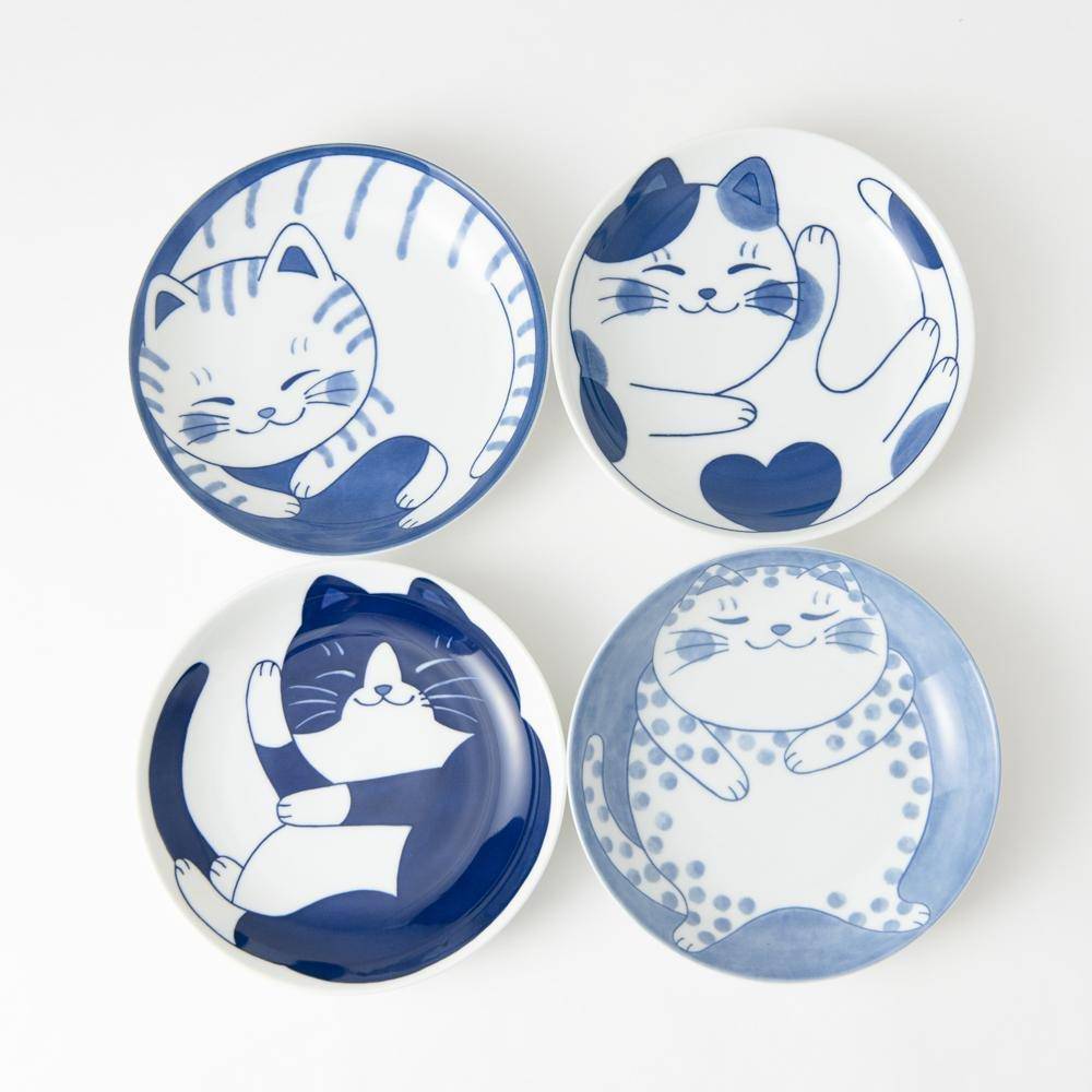 Japan Cat Pottery Condiment Plate Neko Ceramic Mini Dish Blue 02257 