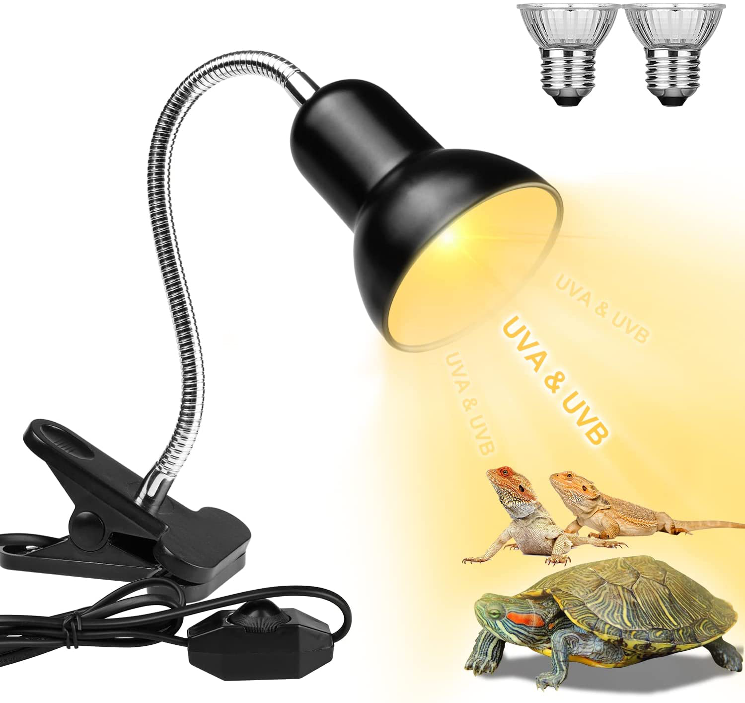 Black 25W/50W/E27 UVA UVB Bulbs Basking Spot Lamp JLXMROSE Heat and Light for Reptiles and Amphibian Tanks with Bulbs & Switch Pet Heating Lamp Adjustable and Rotates 360° 