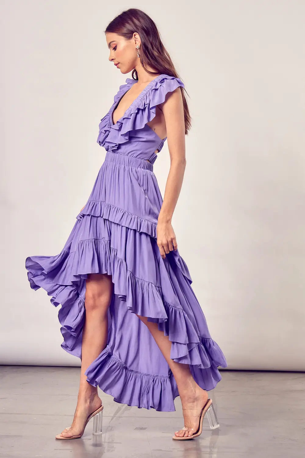 V-Neck Hi Lo Ruffle Dress