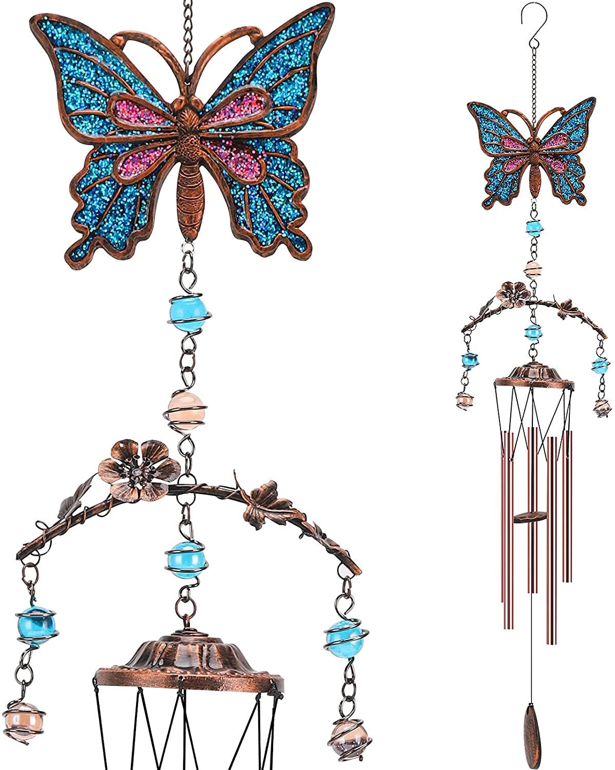 Butterflies Aluminum Tube Windchime with S Hook,Patio Garden Decor Housewarming Gift. Wind Chimes Outdoor Clearance 