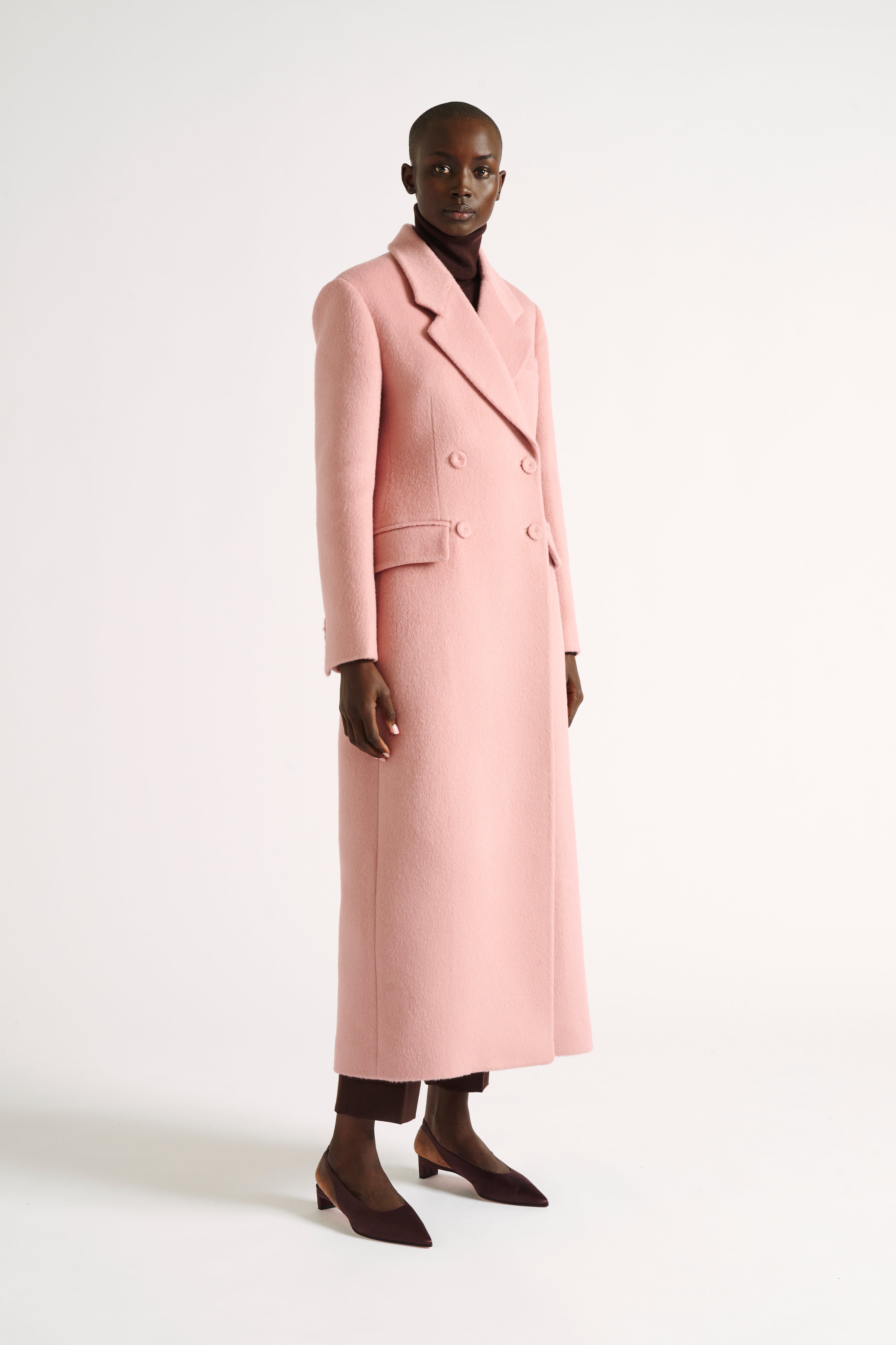 Madalyn Coat | Pink Double Breasted Long Coat in Brushed Mohair