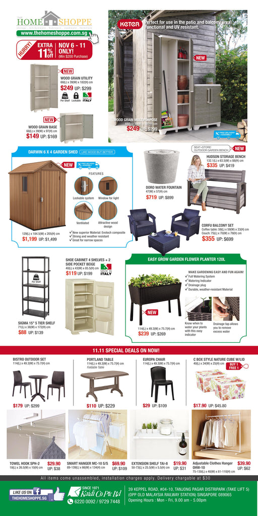 The Home Shoppe November 11.11 Sale! Outdoor Garden Shed Waterproof storage cabinets patio wicker furniture sg promotion