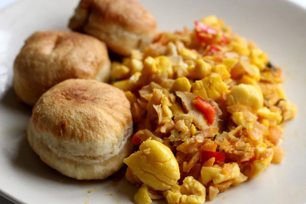 roast breadfruit with ackee and saltfish