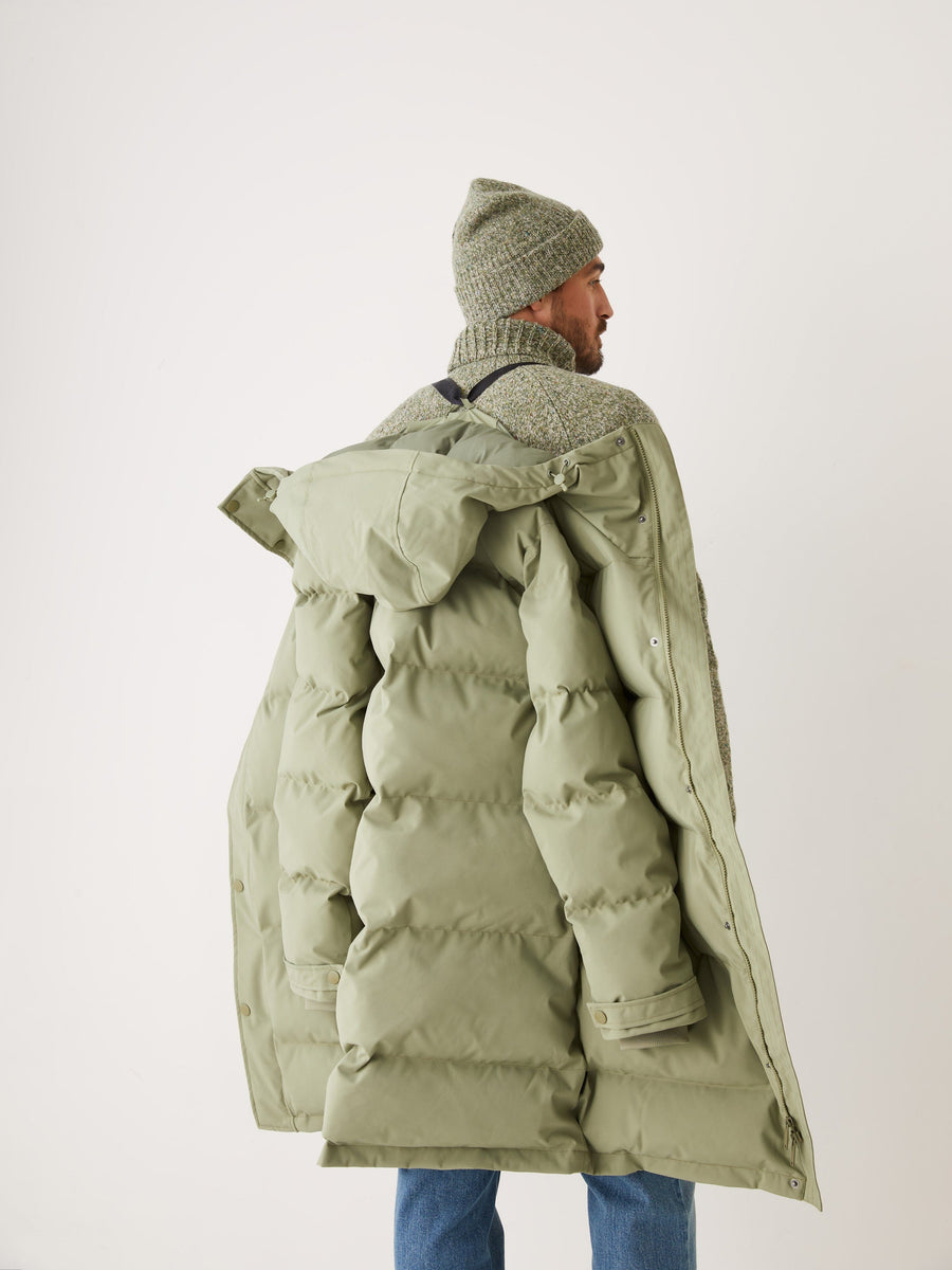 down puffer coat with wraparound collar