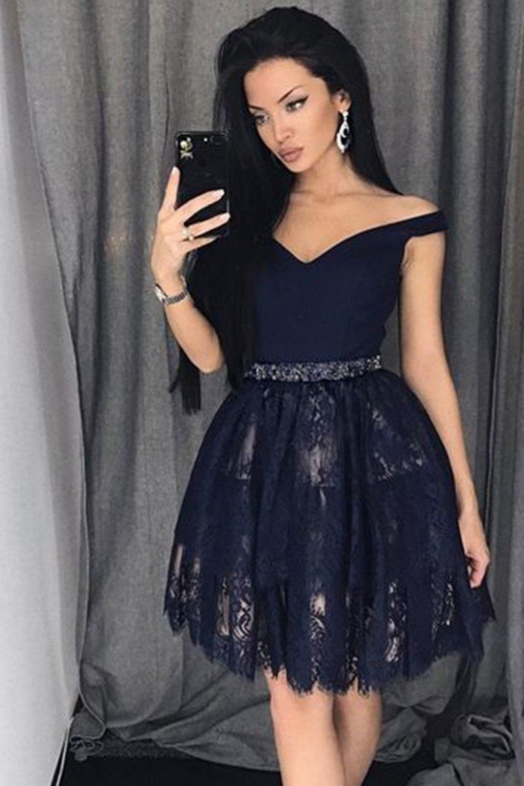 2021 Homecoming Dresses A-Line Off-The-Shoulder Black Lace