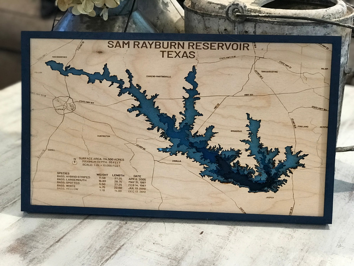 Sam Rayburn Topo Map Sam Rayburn Reservoir Wood 3D Depth Map – Racks Unlimited Creations