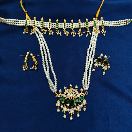 typical Maharastrian Green Stone Studded Pearls Combo Set