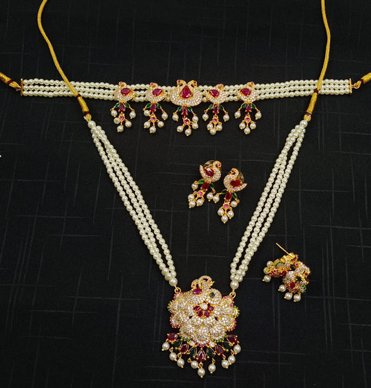 Multicolor Peacock Designer Trendy Pearls Combo Set