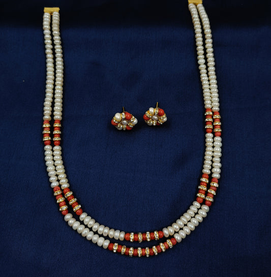 Trendy Pearls & Coral Designer Double Line Set