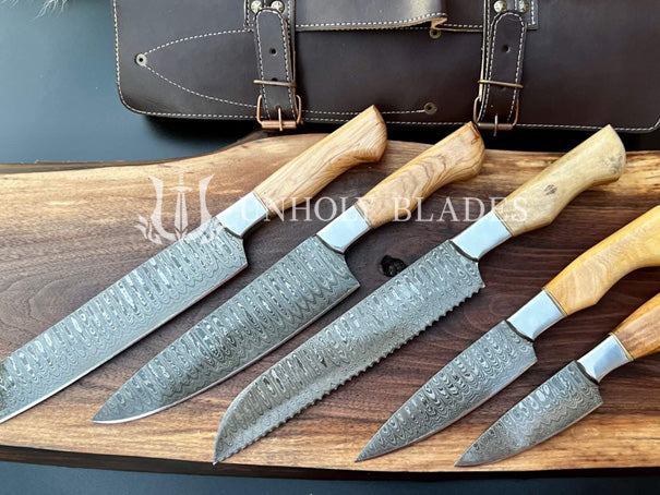 Handmade Damascus Steel Kitchen Knife Set Wood
