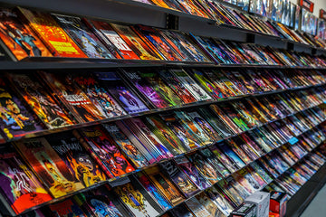 shelves filled with comic books