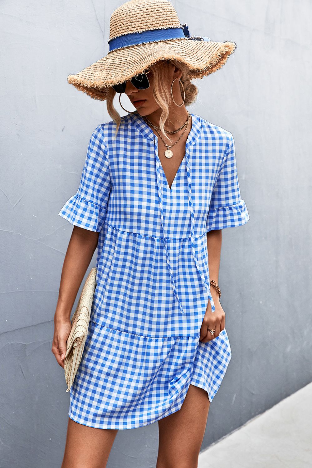 Plaid Tie Neck Tiered Dress