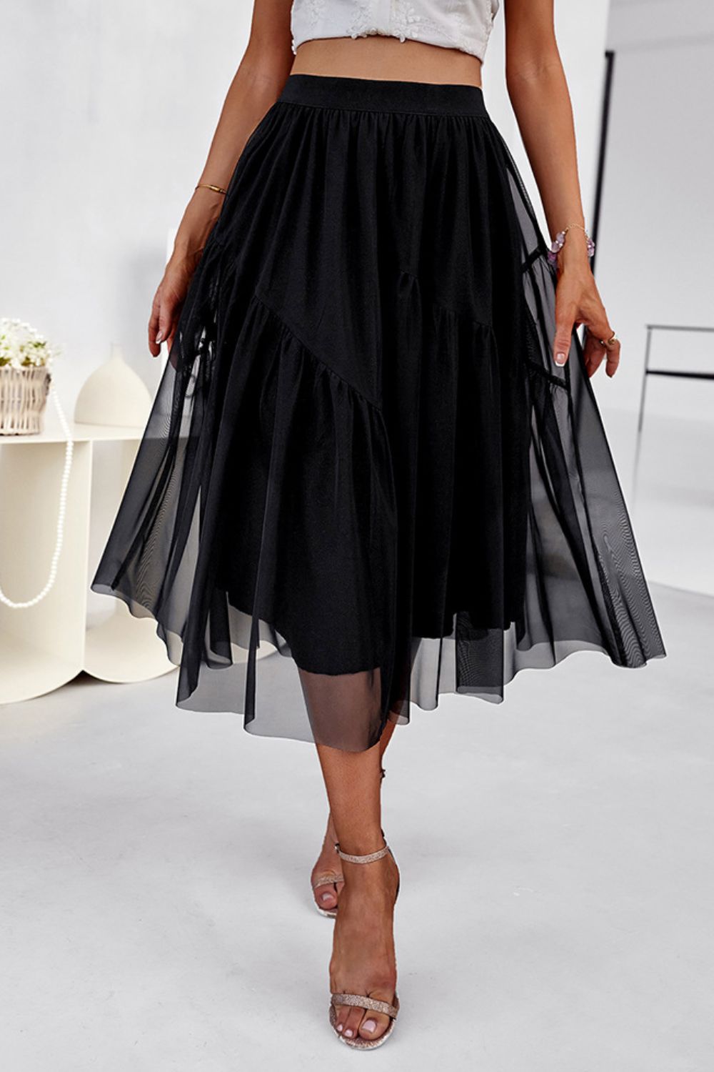 High Waist Tulle Midi Skirt