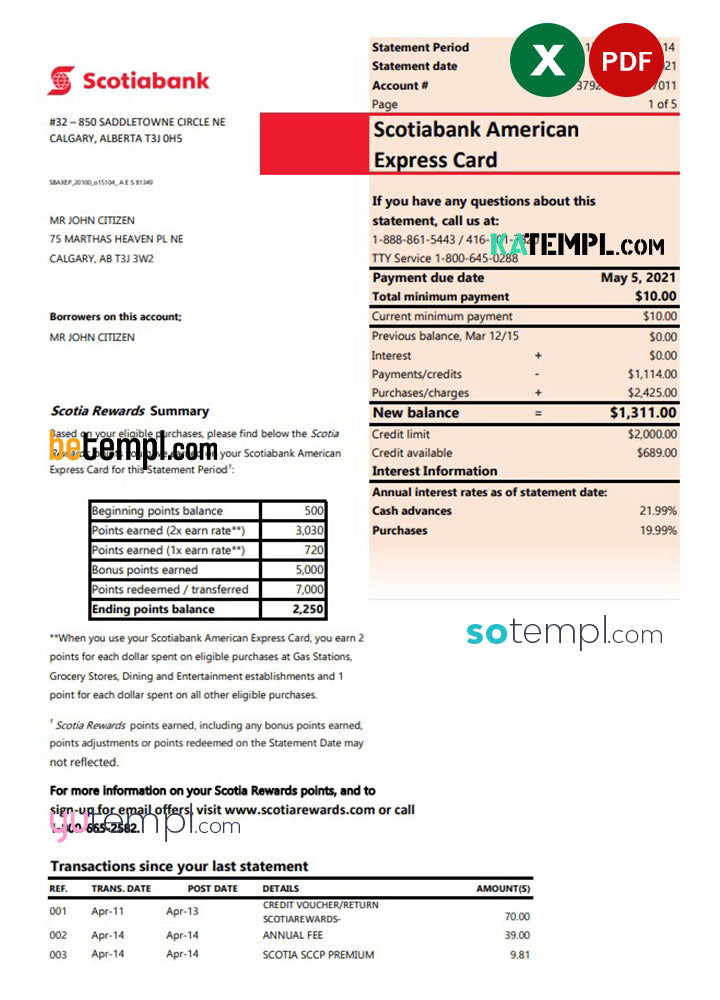 Canada Scotiabank Bank Statement Easy To Fill Template In Excel And Pd Katempl 2112