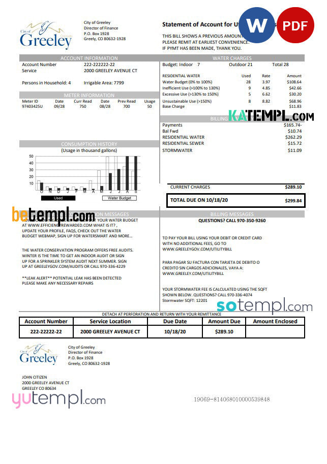 USA Colorado City Of Greeley Water Utility Bill Template In Word And P 