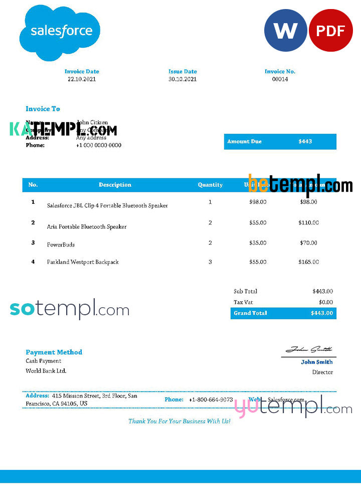 USA Salesforce invoice template in Word and PDF format, fully editable