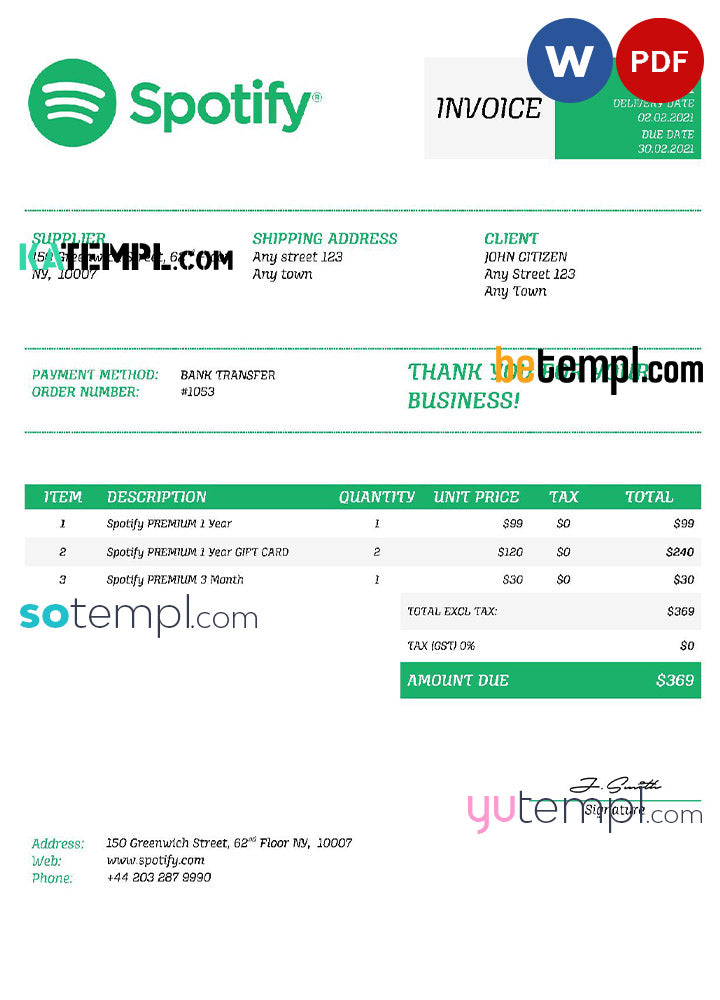 Usa Spotify Invoice Template In Word And Pdf Format Fully Editable Katempl 3654