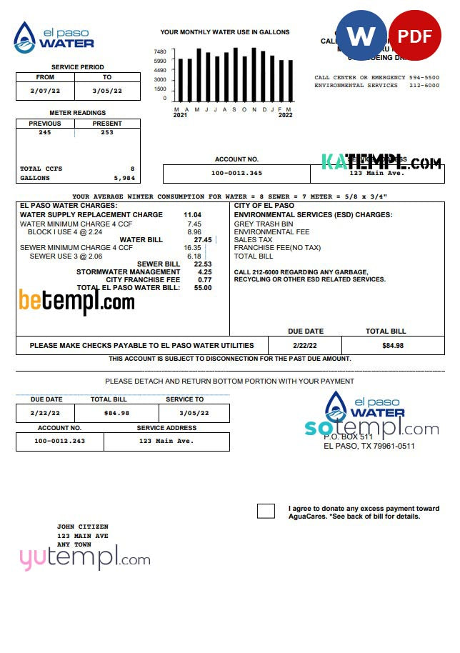 USA Texas El Paso Water Utility Bill Template In Word And PDF Format 