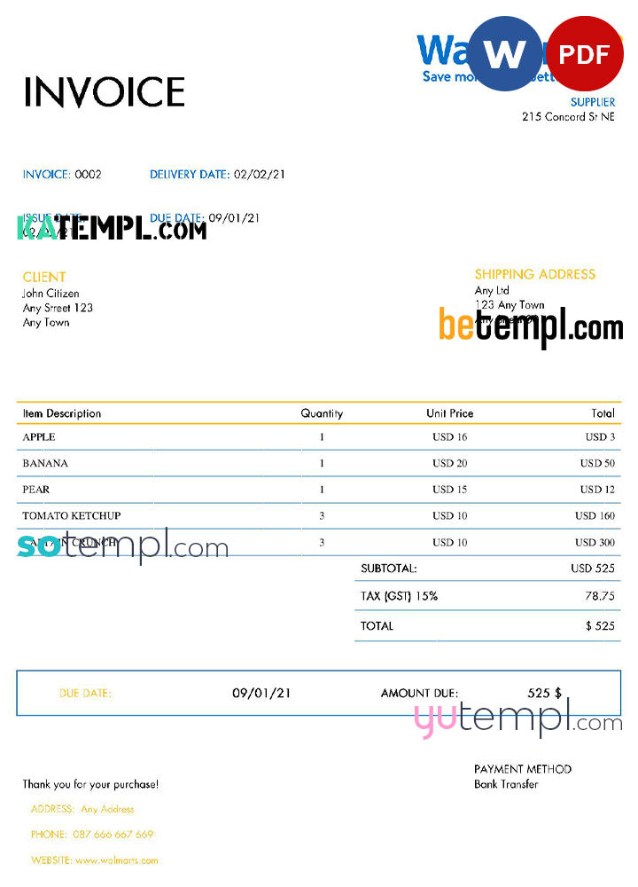 USA Walmart invoice template in Word and PDF format fully editable