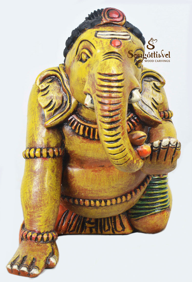 Baby Ganesh Crawling&Eating Mothak wooden statue 18