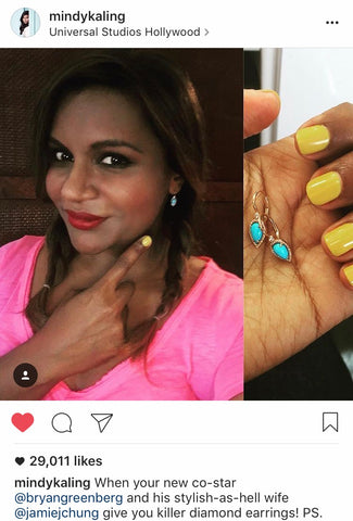 Mindy Kaling [August 2016], wearing SACHI Turquoise Pear Drops Earrings